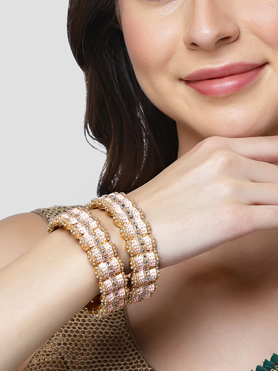 Karatcart Gold Plated Pink Meena Kundan Rajwadi Bangles Set for Women