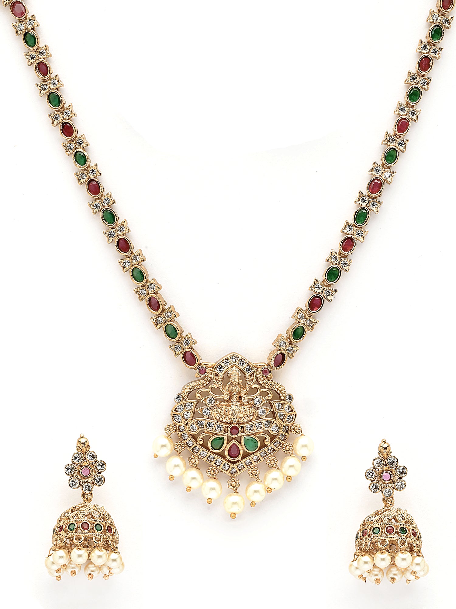 KARATCART Traditional Gold Plated Red and Green Stone Laxmi Mata Temple Jewellery Set for Women - view 4