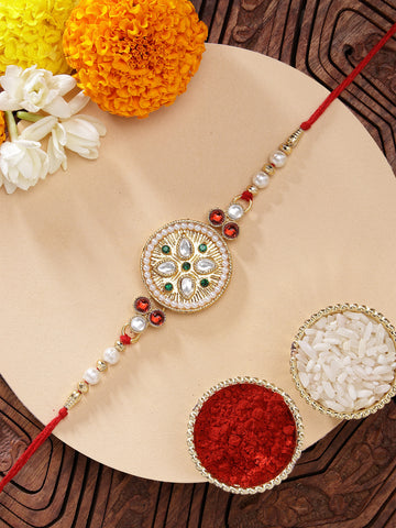 KARATCART Traditional Floral Design Stone Studded Handmade Rakhi for Brother with Roli Chawal