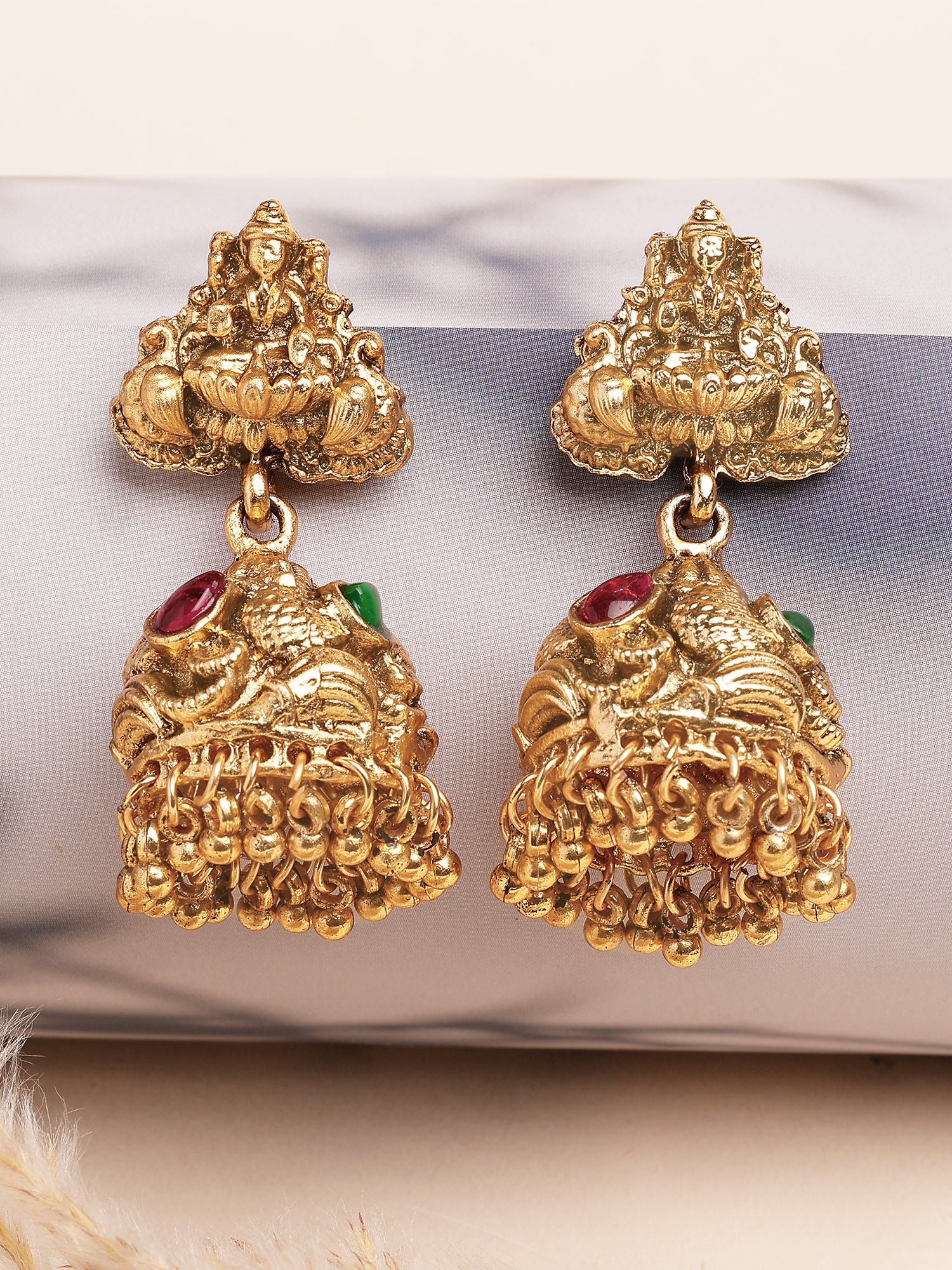 Karatcart Traditional Gold Plated Temple Jhumka Earrings with Laxmi Mata Design for Women
