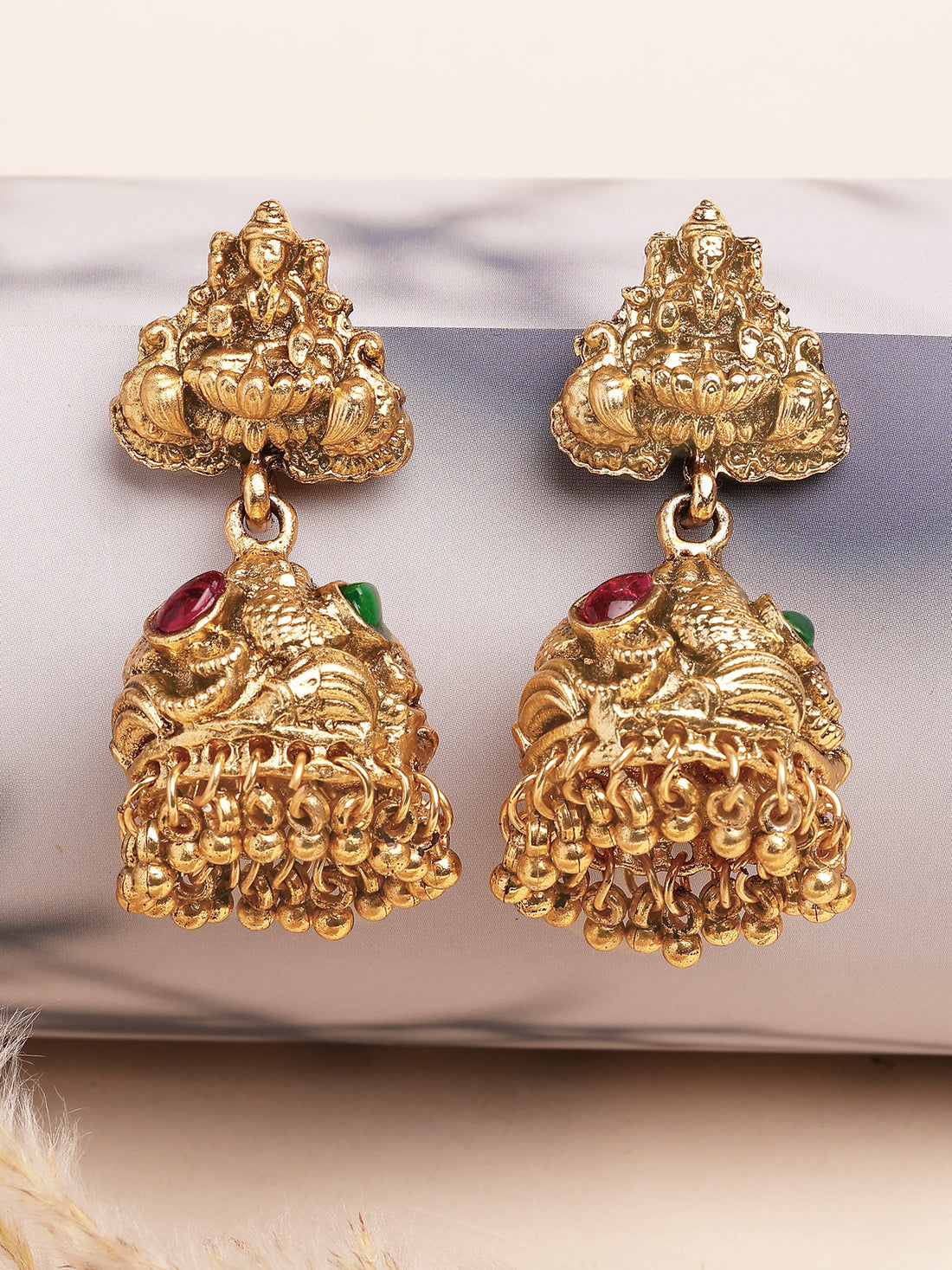 Karatcart Traditional Gold Plated Temple Jhumka Earrings with Laxmi Mata Design for Women