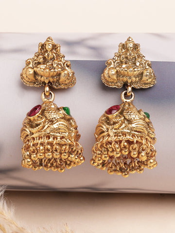 Karatcart Traditional Gold Plated Temple Jhumka Earrings with Laxmi Mata Design for Women