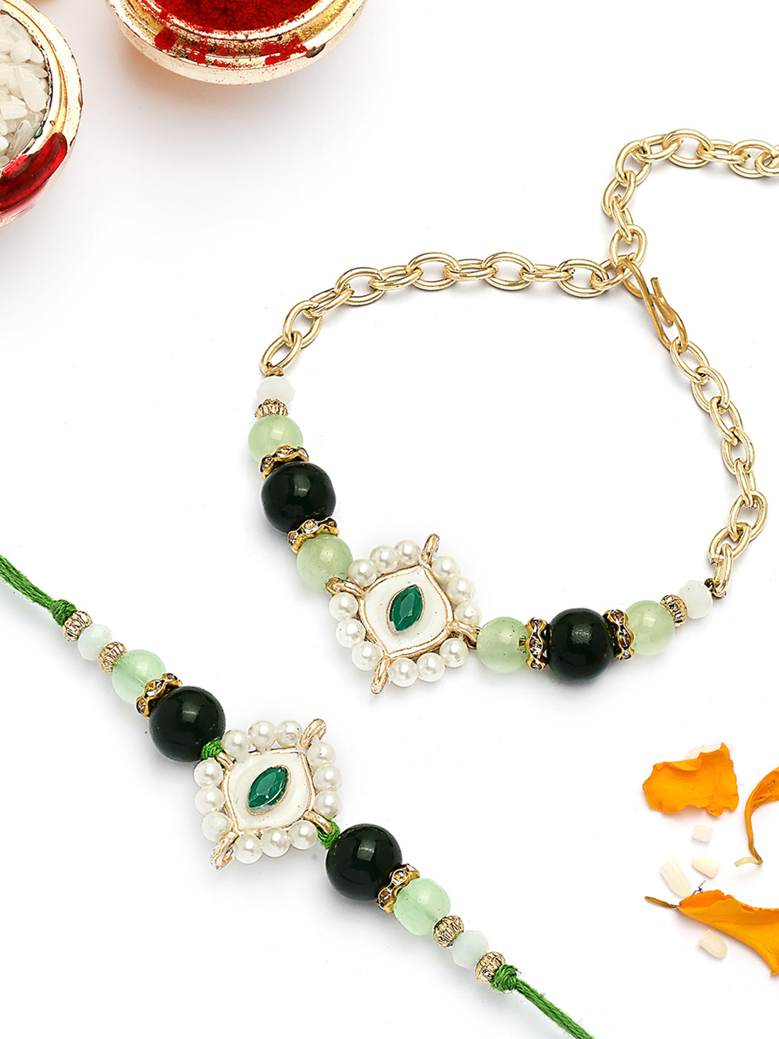 KARATCART Gold Plated Green Evil Eye Kundan Bhaiya Bhabhi Rakhi with Roli & Chawal