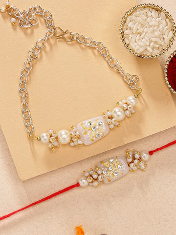 KARATCART White Tumble and Pearl Handmade Kundan Bhaiya Bhabhi Rakhi with Roli & Chawal