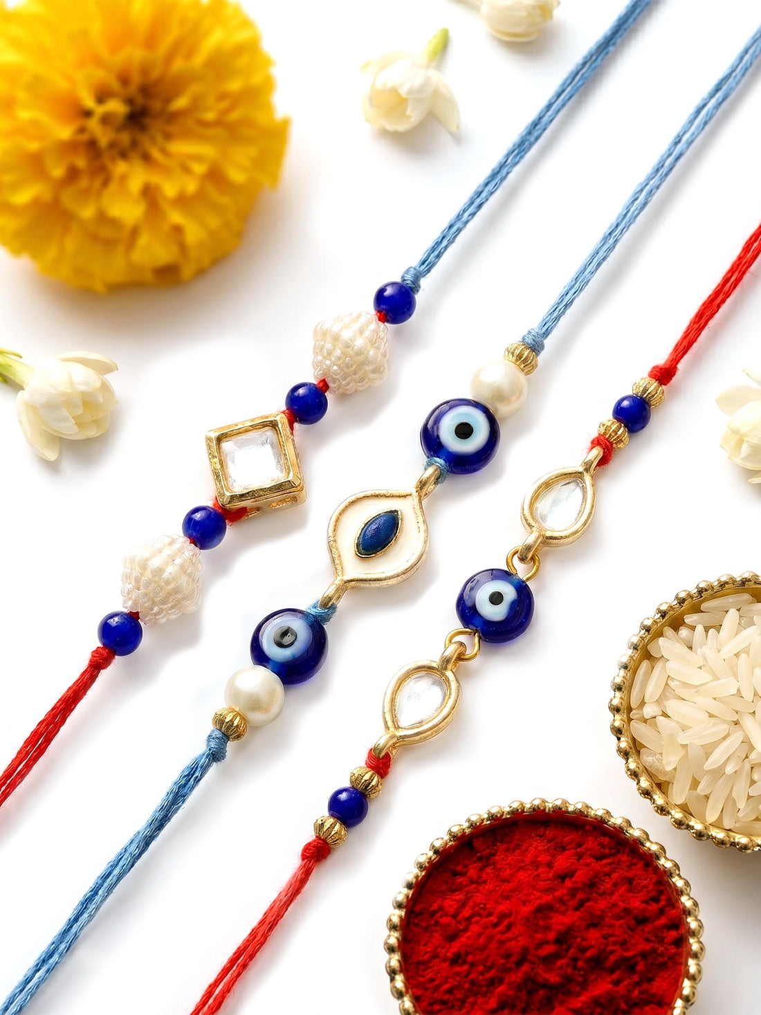 KARATCART Set of 3 Handmade Meenakari Evil Eye Kundan Rakhis for Brother with Roli and Chawal