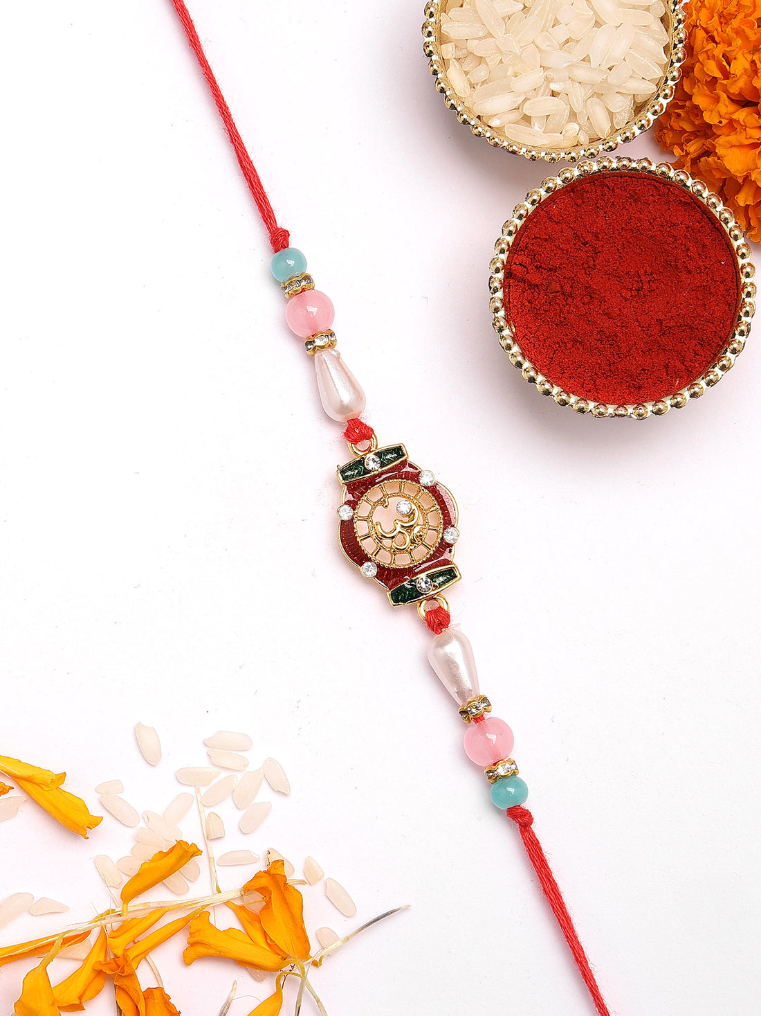 KARATCART Traditional OM Shape Handmade Meenakari Rakhi for Brother with Roli & Chawal