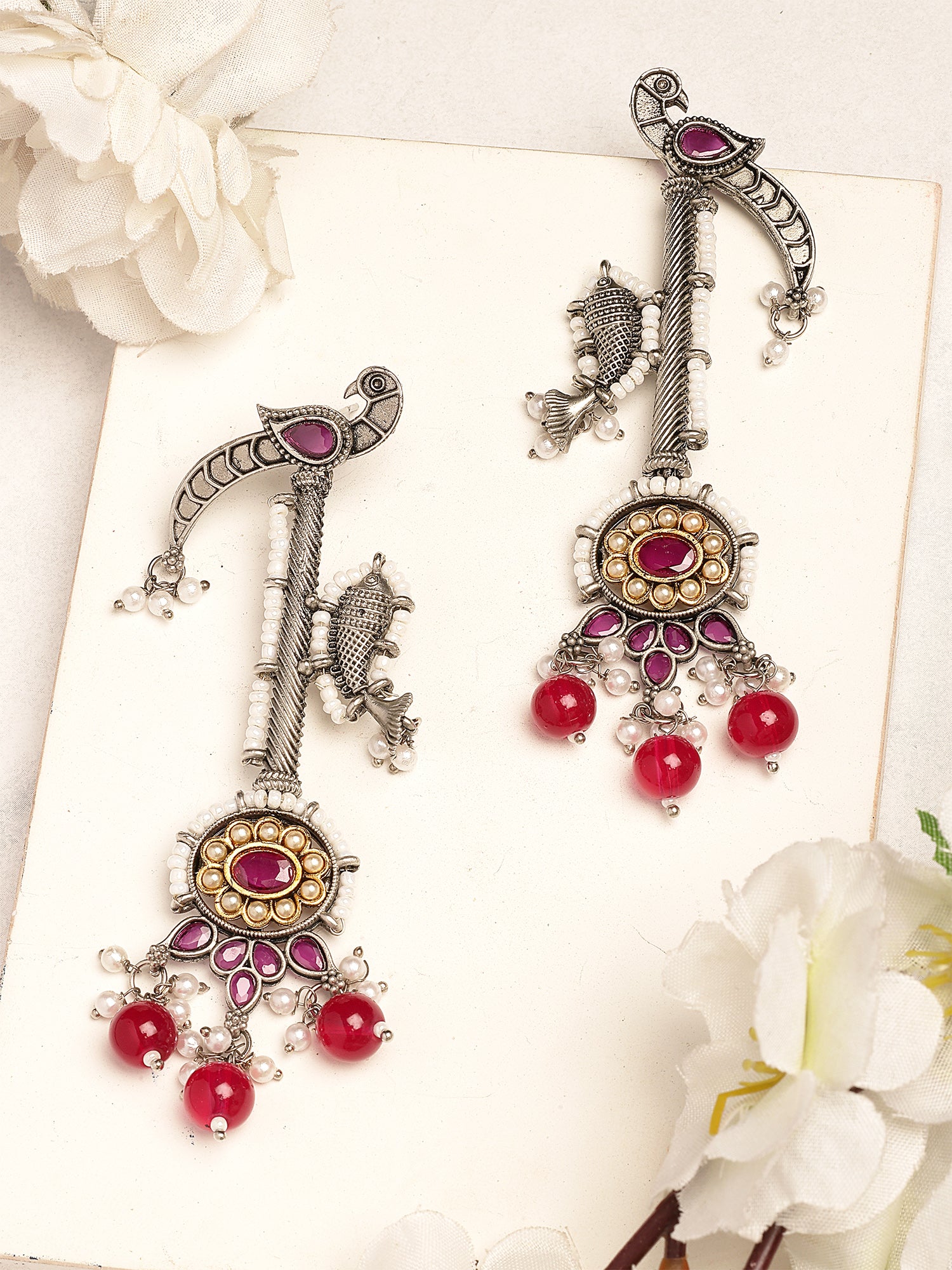 Karatcart Oxidised Silver Peacock Design Tribal Drop Earrings for Women