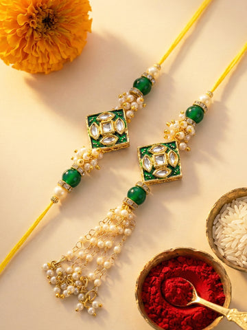 KARATCART Gold Plated Green Meena Kundan Bhaiya Bhabhi Rakhi with Roli & Chawal