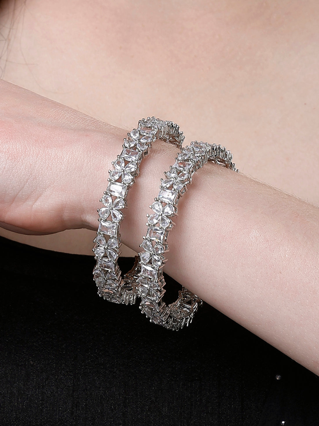 Karatcart Set of 2 Silver Plated American Diamond Studded Floral Bangles for Women