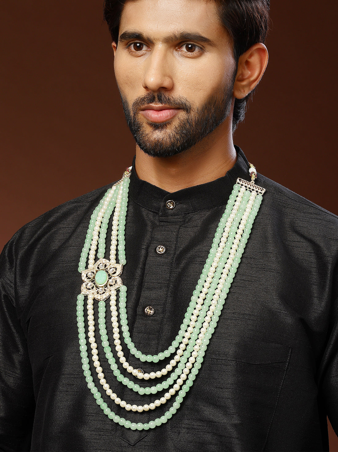 Karatcart Classic Floral Brooch Lime Green Moti Maharaja Haar for Men