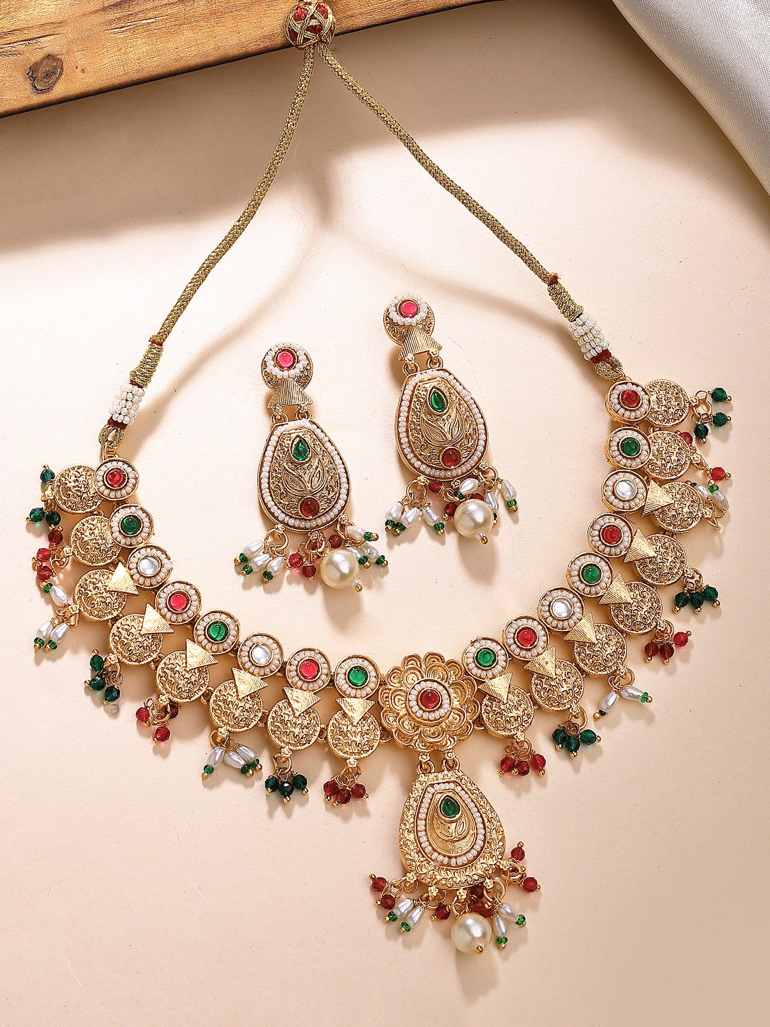 KARATCART Designer Gold-Plated Red and Green Stone Floral Drop Jewellery Set for Women