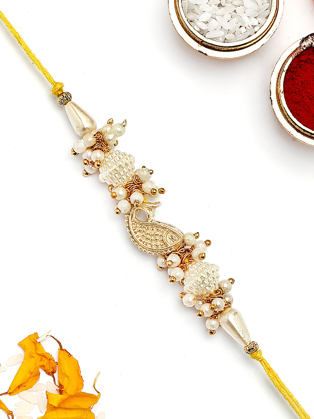 KARATCART Gold Plated Fish Design Kundan Bhaiya Rakhi with Roli & Chawal