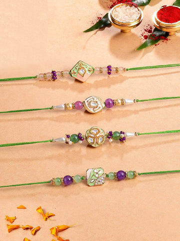 KARATCART Set of 4 Multicolor Beads Traditional Kundan Rakhi for Brother with Roli & Chawal