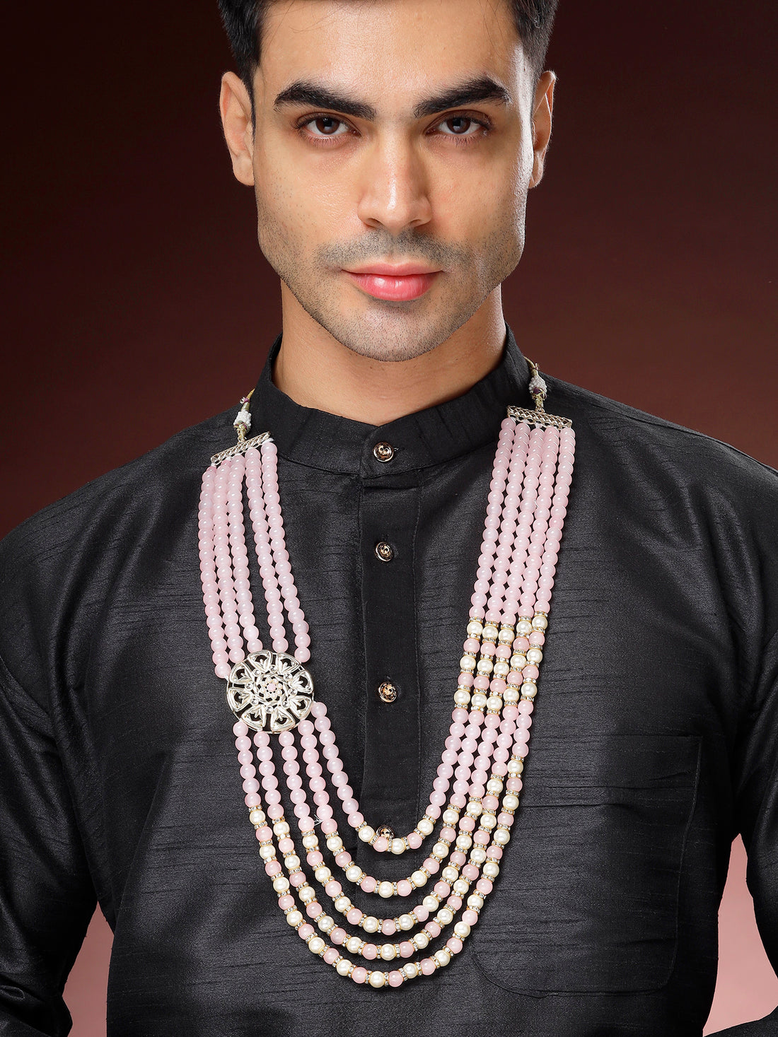 Karatcart Classic Floral Brooch Pink Moti Maharaja Haar for Men