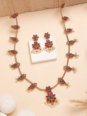 Karatcart Red and Green Stone Floral Design Rani Haar Temple Jewellery Set for Women