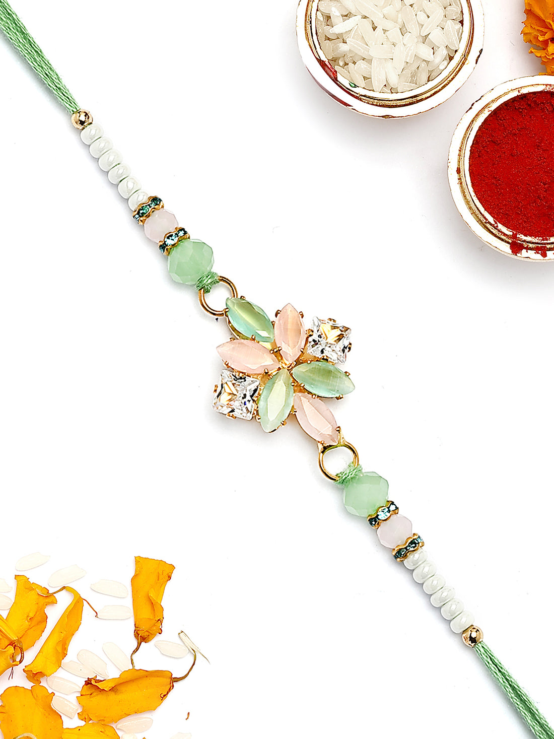 KARATCART Lime Green and Peach Rhinestones Floral Bhaiya Rakhi with Roli & Chawal