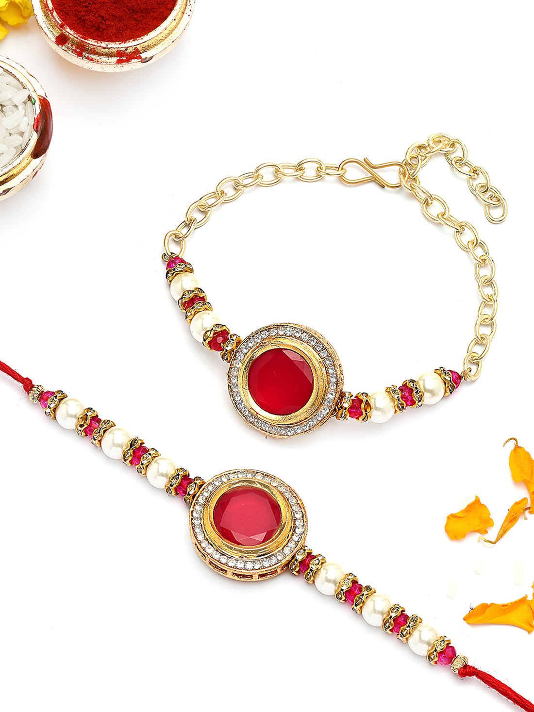 KARATCART Gold Plated Red Polki Kundan and Pearl Bhaiya Bhabhi Rakhi with Roli & Chawal