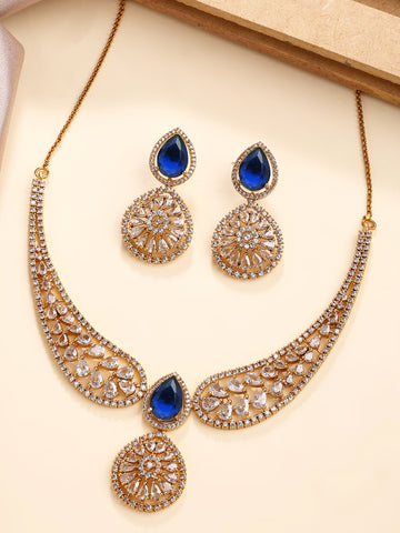 KARATCART Traditional Gold-Plated Blue American Diamond Jewellery Set for Women