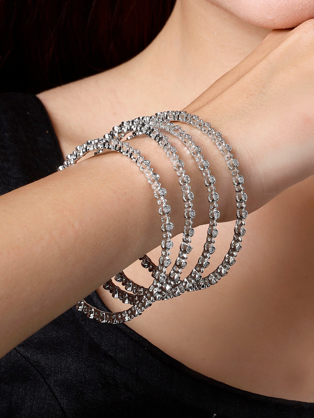 Karatcart Set of 4 Silver Plated Round American Diamond Studded Bangles for Women