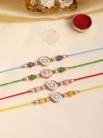 KARATCART Set of 4 Multicolor Pastel Beads Enamel Rakhi for Brother with Roli & Chawal