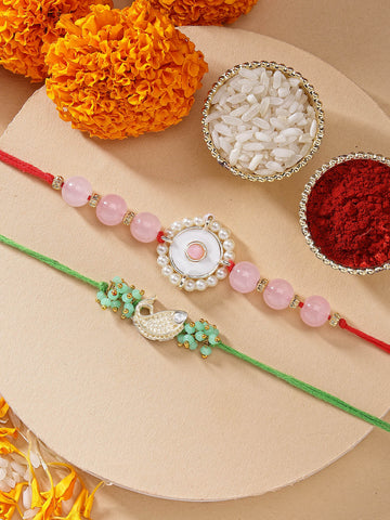 KARATCART Set of 2 Pink Beads Green Fish Shape Handmade Kundan Rakhi for Brother with Roli & Chawal