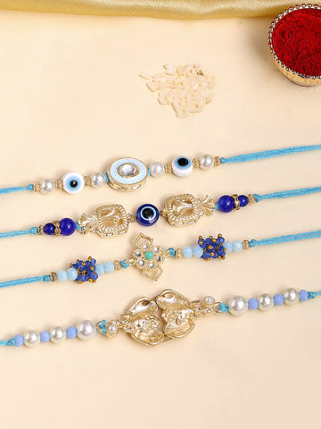 KARATCART Set of 4 Blue and White Kundan Rakhi for Brother with Roli & Chawal