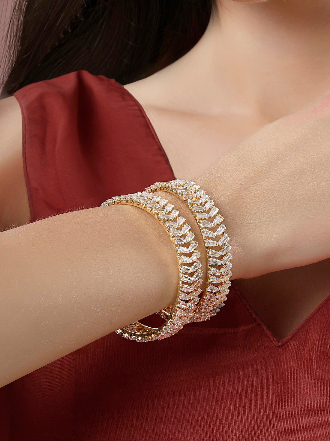 Karatcart Gold Plated Set of 2 American Diamond Studded Bangles for Women