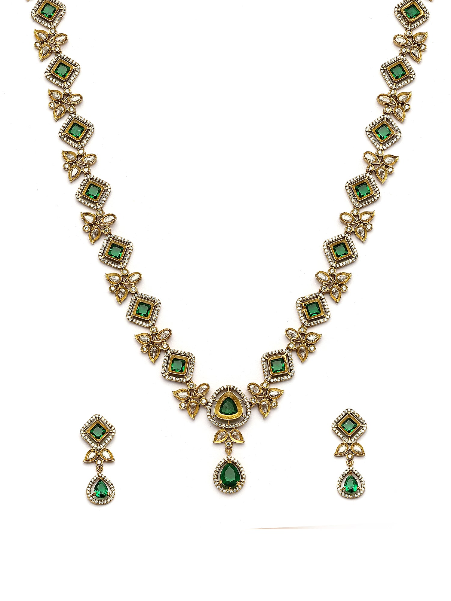 KARATCART Traditional Gold-Plated Green American Diamond Rani Haar Jewellery Set for Women - view 4