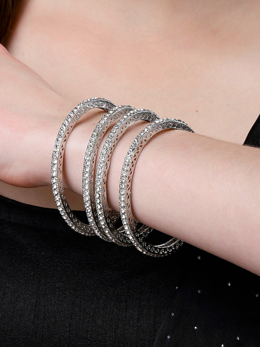 Karatcart Set of 4 American Diamond Studded Silver Plated Bangles for Women
