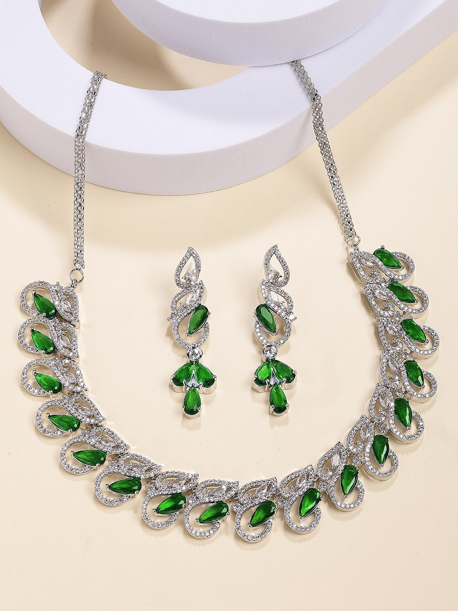 Karatcart Sparkling Green Drop American Diamond Silver Plated Necklace Set for Women - Image 1
