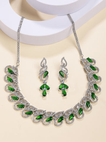 Karatcart Sparkling Green Drop American Diamond Silver Plated Necklace Set for Women