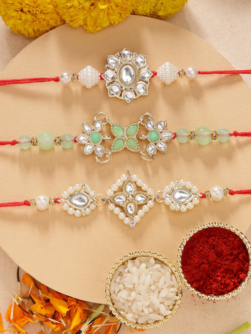 KARATCART Set of 3 Handmade Floral Pearl and Kundan Rakhis for Brother with Roli & Chawal