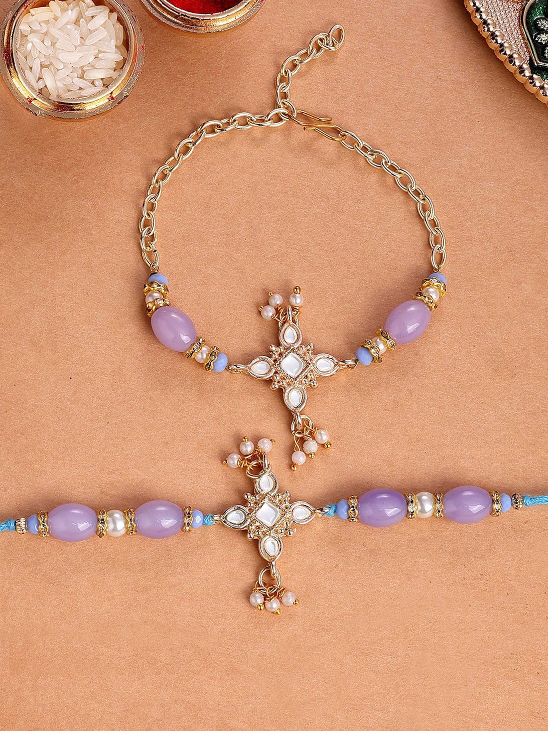 Karatcart Gold Plated Purple Beads Floral Kundan Bhiya Bhabhi Rakhi with Roli & Chawal