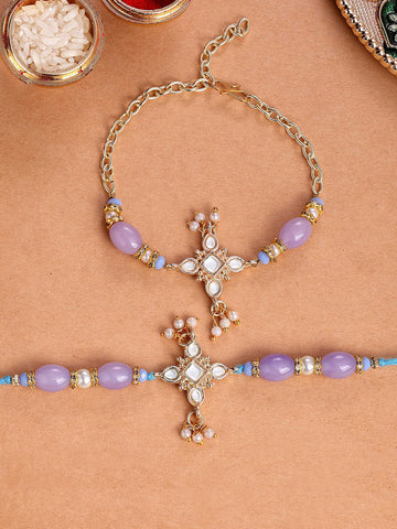 KARATCART Gold Plated Purple Beads Floral Kundan Bhaiya Bhabhi Rakhi with Roli & Chawal