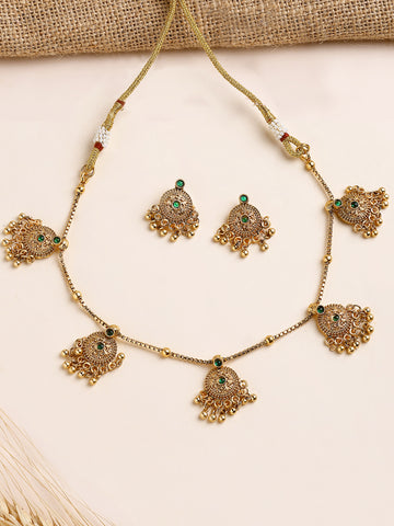 KARATCART Traditional Gold-Plated Green Stone Round Chakra Temple Jewellery Set for Women