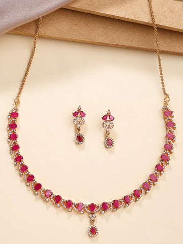 KARATCART Elegant Gold-Plated Red Drop American Diamond Jewellery Set for Women