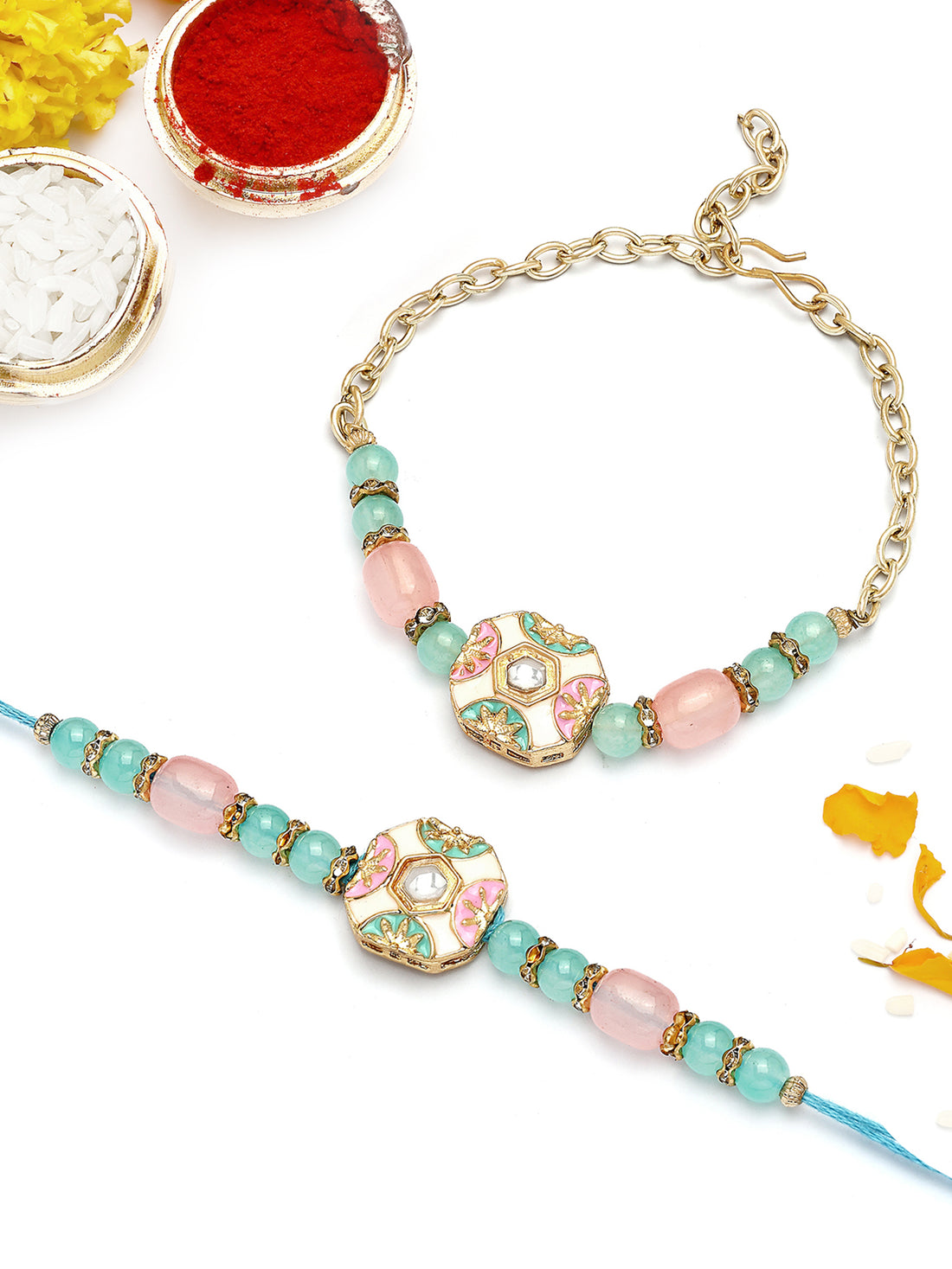 KARATCART Gold Plated Pink and Blue Beads Enamel Kundan Bhaiya Bhabhi Rakhi with Roli & Chawal