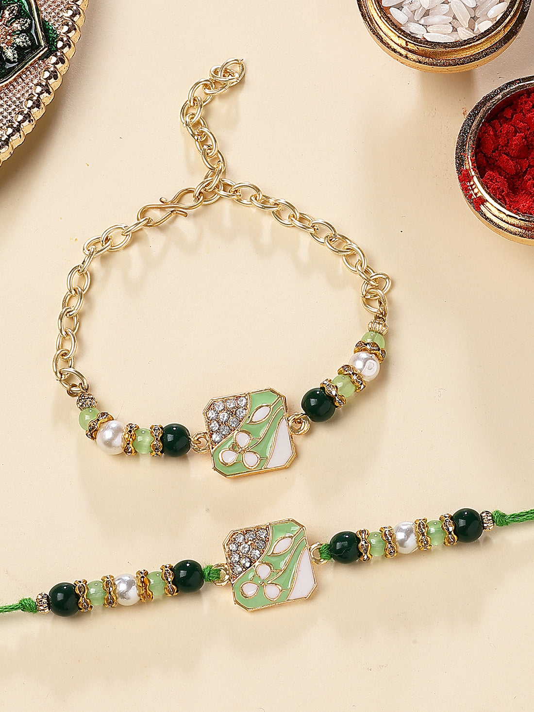 Karatcart Gold Plated Lime Green Kundan Bhiya Bhabhi Rakhi with Roli & Chawal