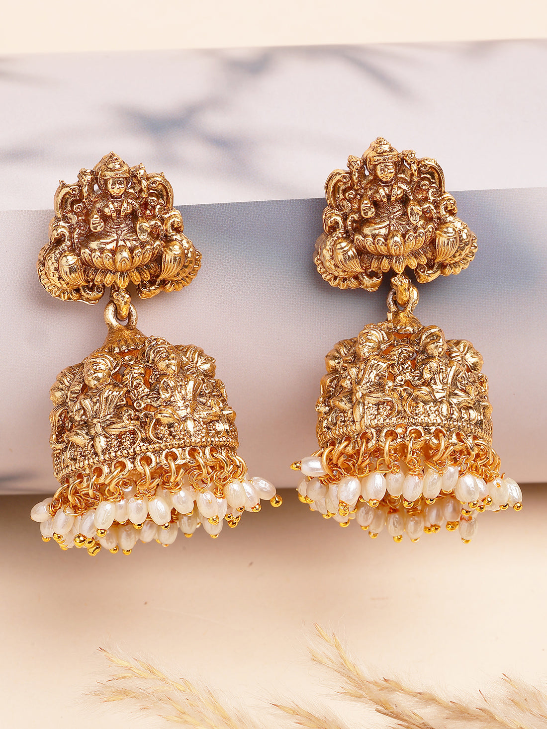 Karatcart Traditional Gold Plated Laxmi Mata Design Jhumki Earrings for Women