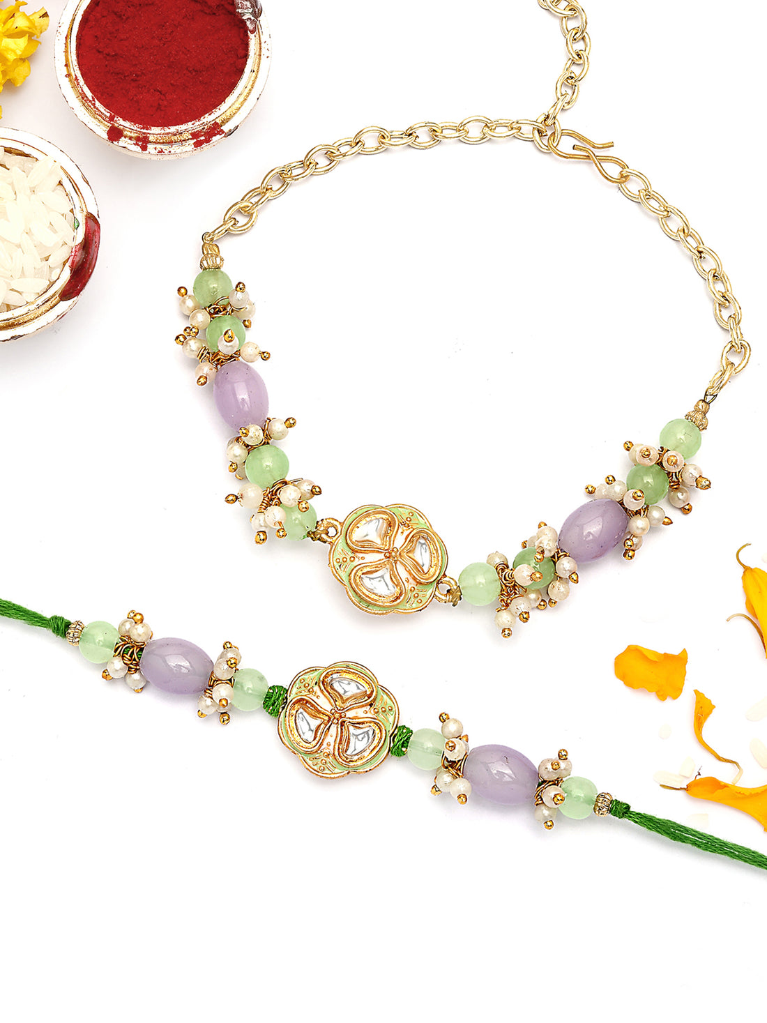 KARATCART Gold Plated Lime Green and Purple Beads Kundan Bhaiya Bhabhi Rakhi with Roli & Chawal