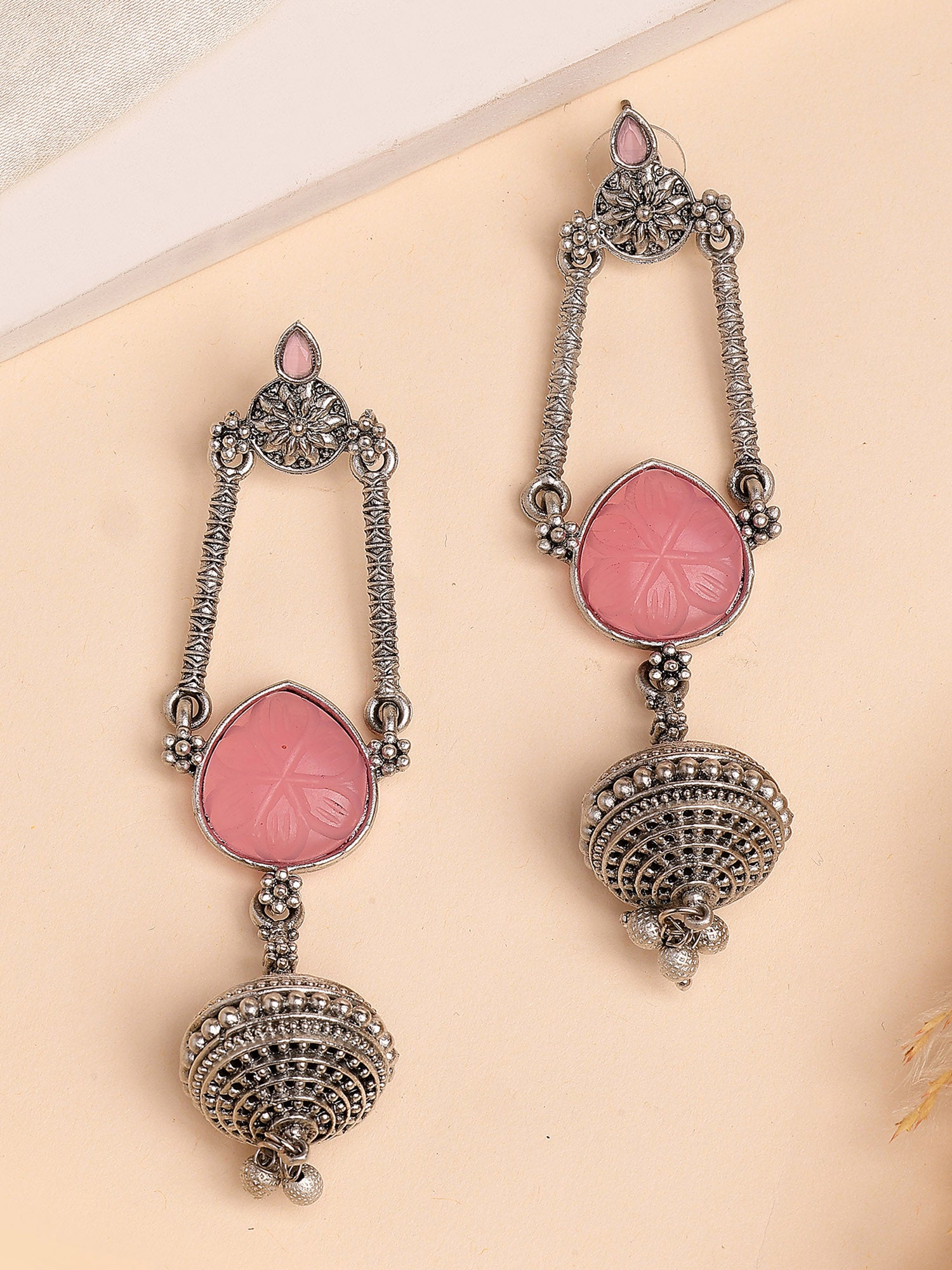 Karatcart Oxidized Silver Designer Pink Carved Stone Drop Earrings for Women