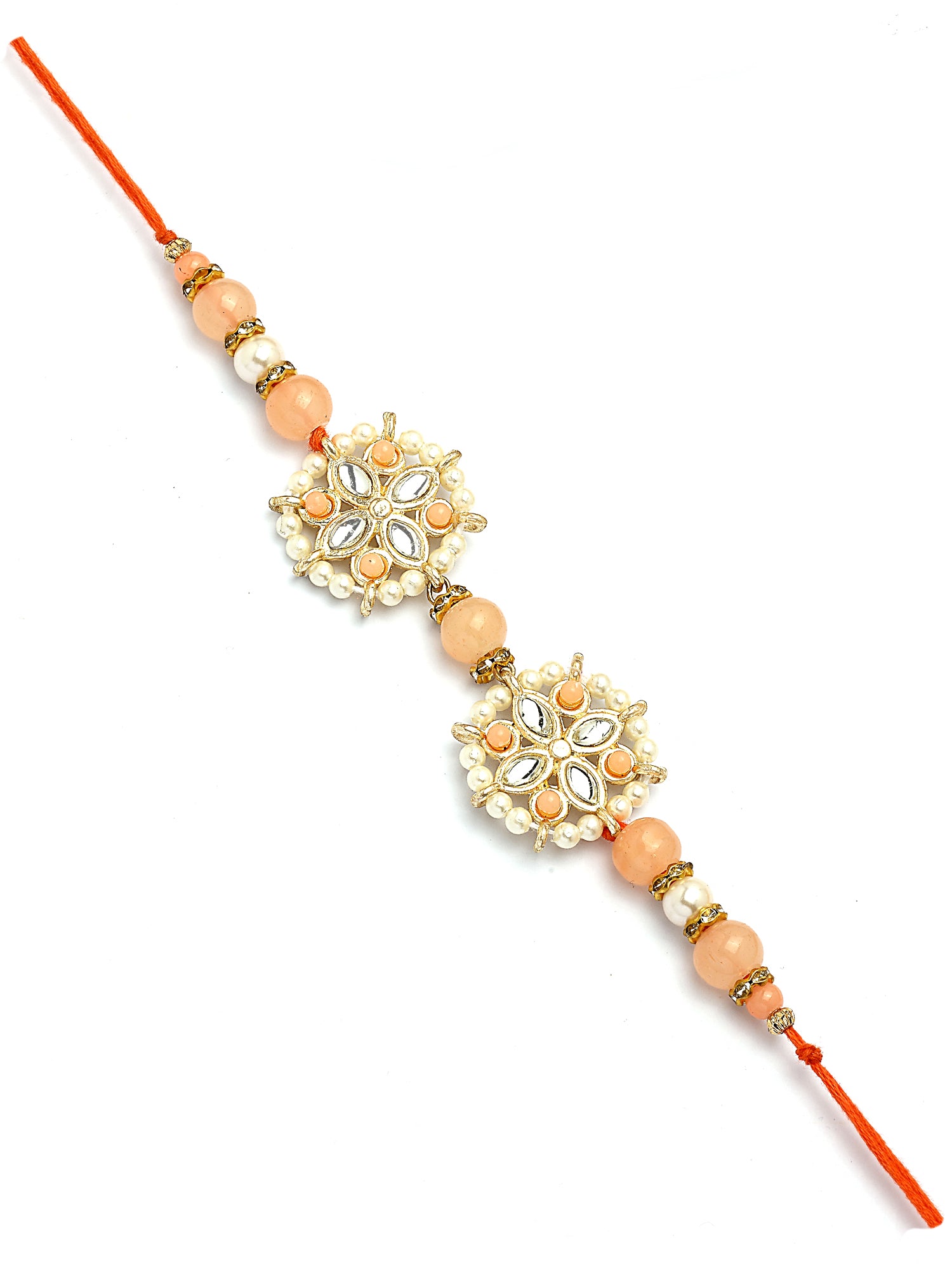 Karatcart Gold Plated Peach Beads Floral Kundan Bhiya Bhabhi Rakhi with Roli & Chawal
