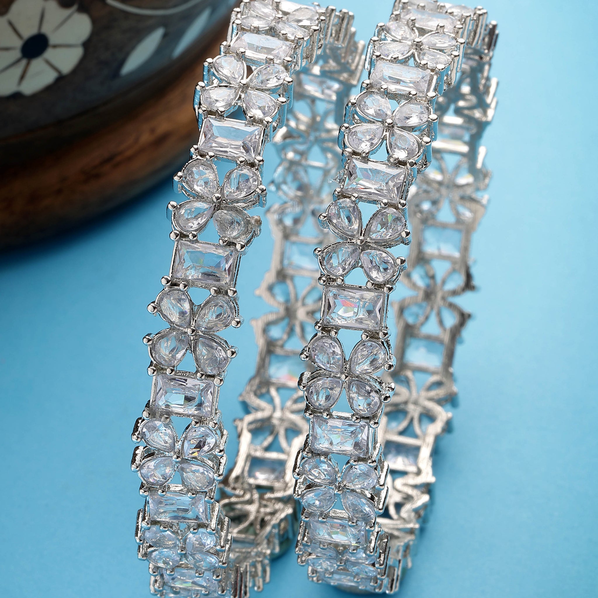 Karatcart Set of 2 Silver Plated American Diamond Studded Floral Bangles for Women