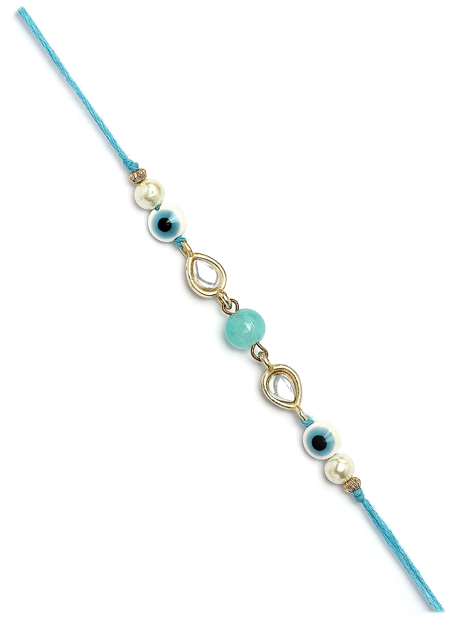 Karatcart Gold Plated Light Blue Bead Evil Eye Kundan Bhiya Rakhi with Roli & Chawal