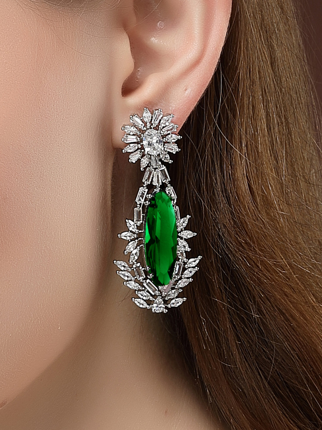 Karatcart Silver Plated Big Green American Diamond Studded Drop Earrings for Women