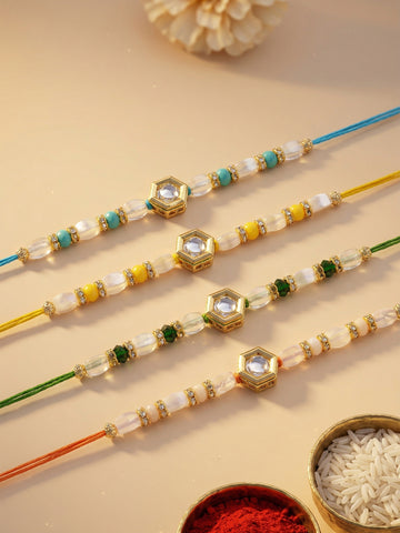 KARATCART Set of 4 Pearl Beads Hexagon Polki Kundan Design Rakhi for Brother with Roli & Chawal