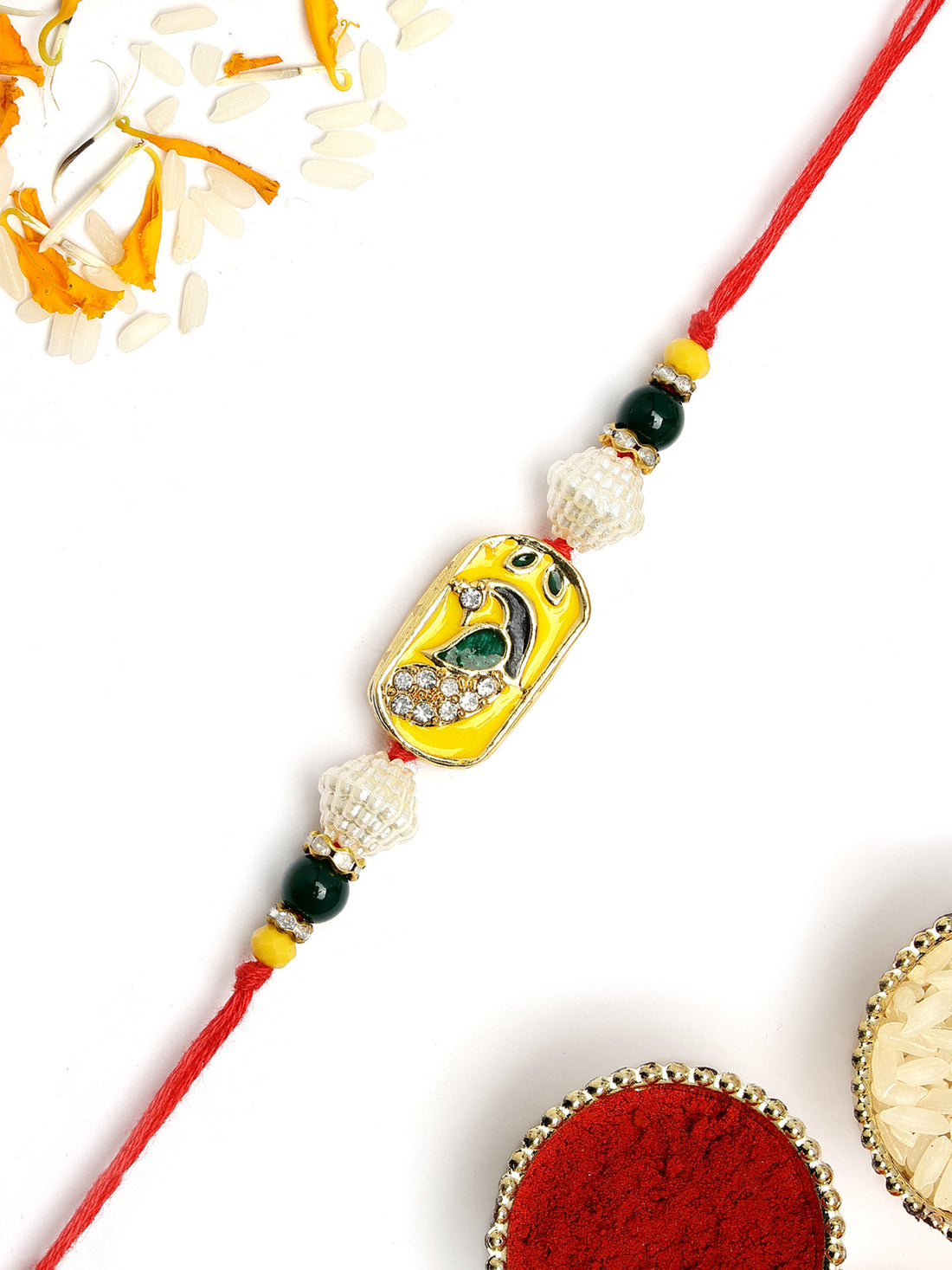 KARATCART Elegant Peacock Design Yellow Meenakari Handmade Rakhi for Brother with Roli Chawal