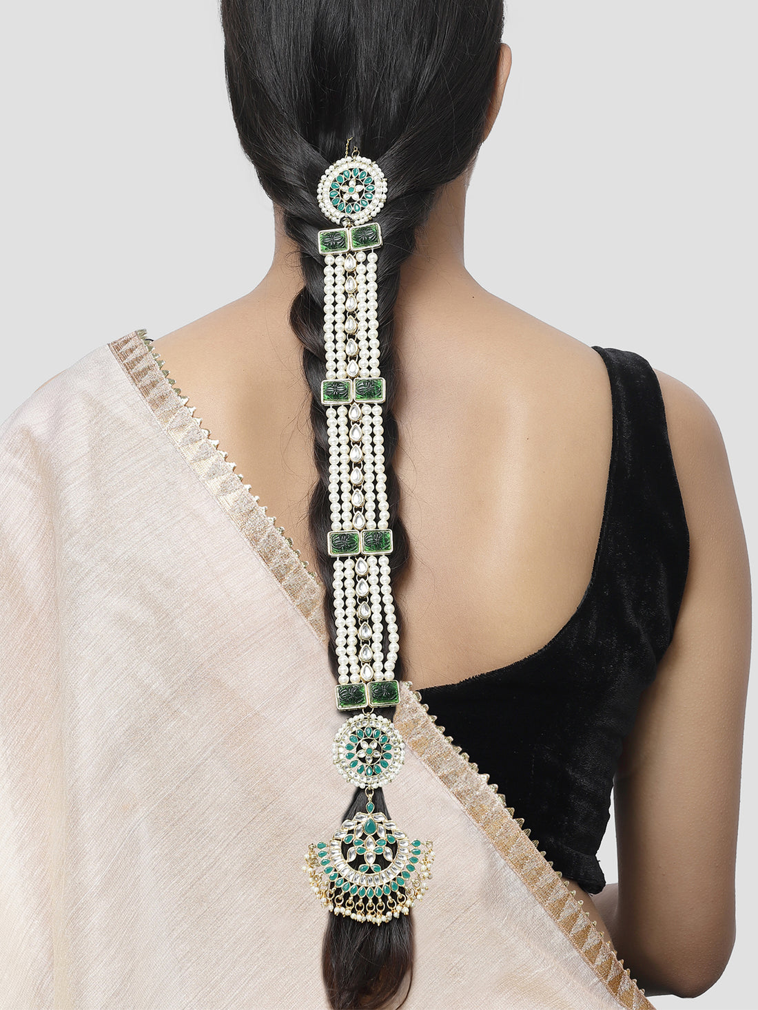 Karatcart Green Carved Stone Studded Pearl Kundan Bridal Wedding Hair Braid Choti