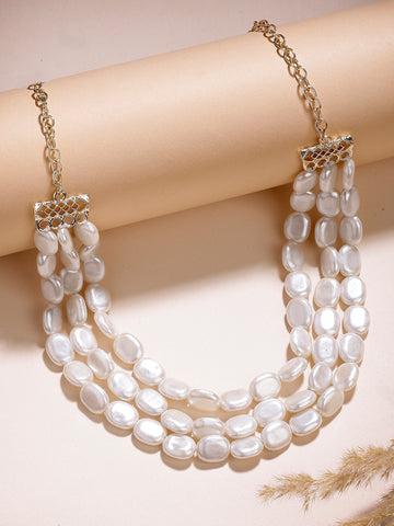 Karatcart Elegant White Flat Pearl Multi-Strand Gold-Plated Necklace for Women
