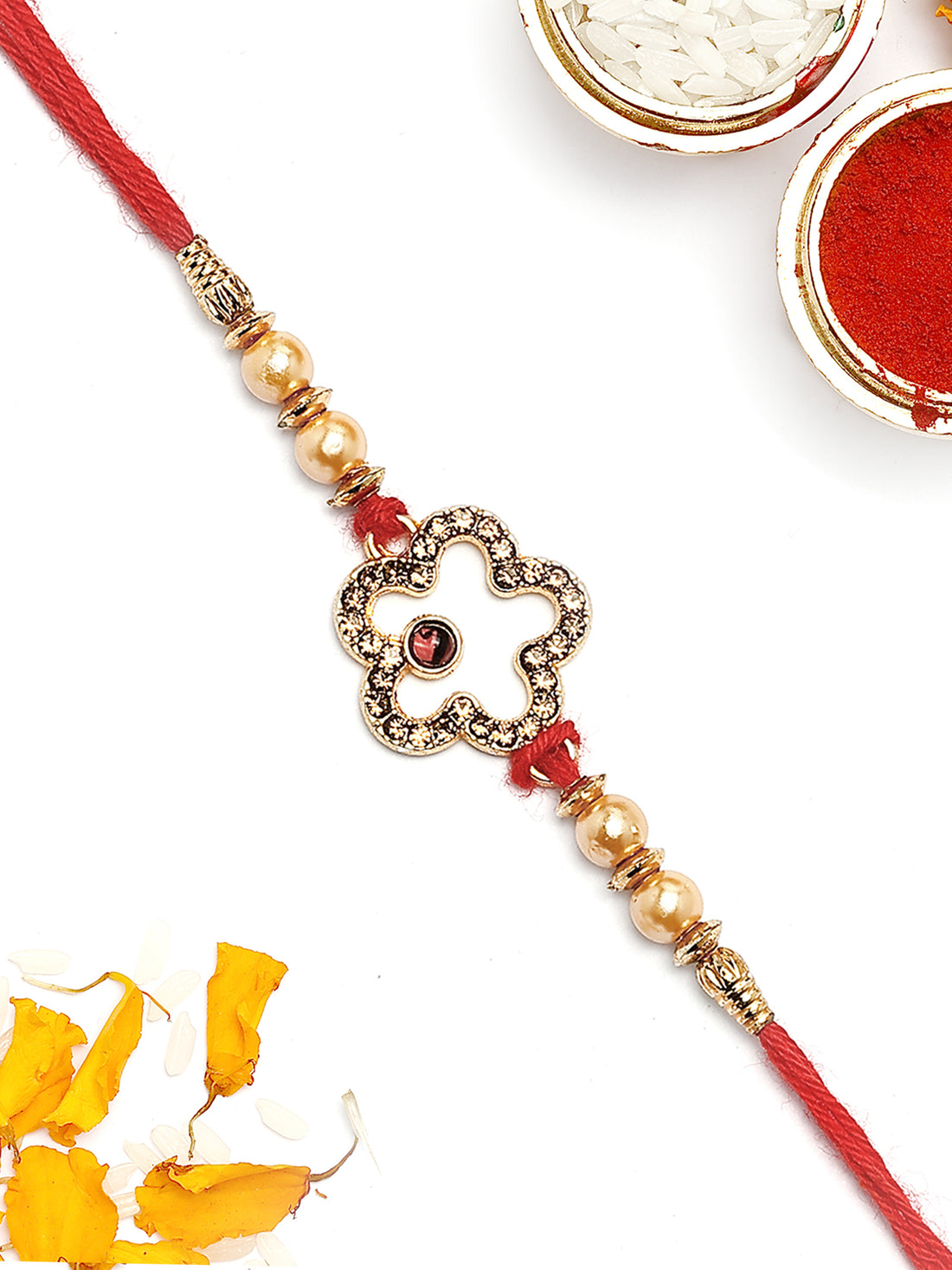 KARATCART Gold Plated Brown American Diamond Bhaiya Rakhi with Roli & Chawal